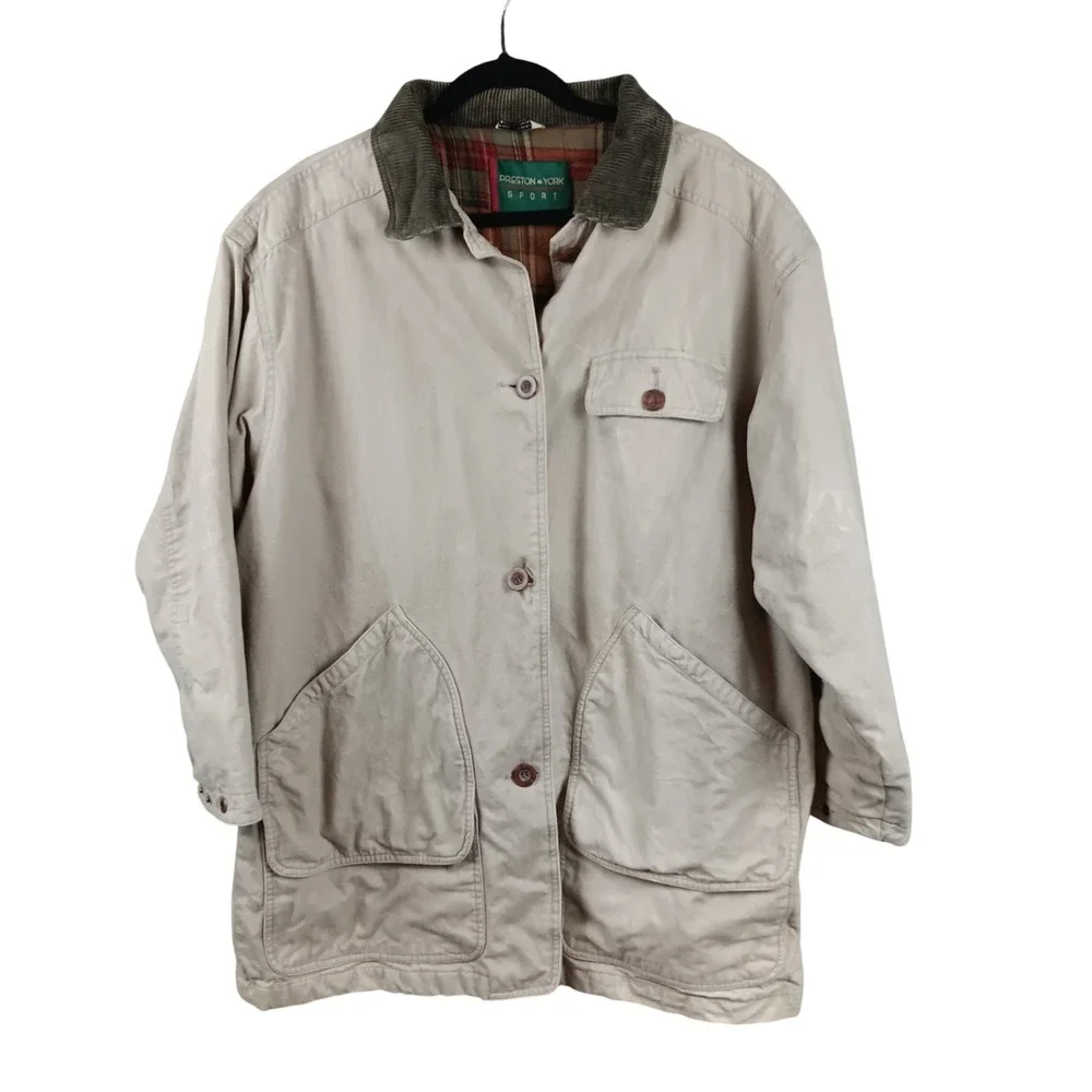 VTG Preston York Sport Mens L‎ Beige Plaid Lined Barn Jacket Corduroy Collar